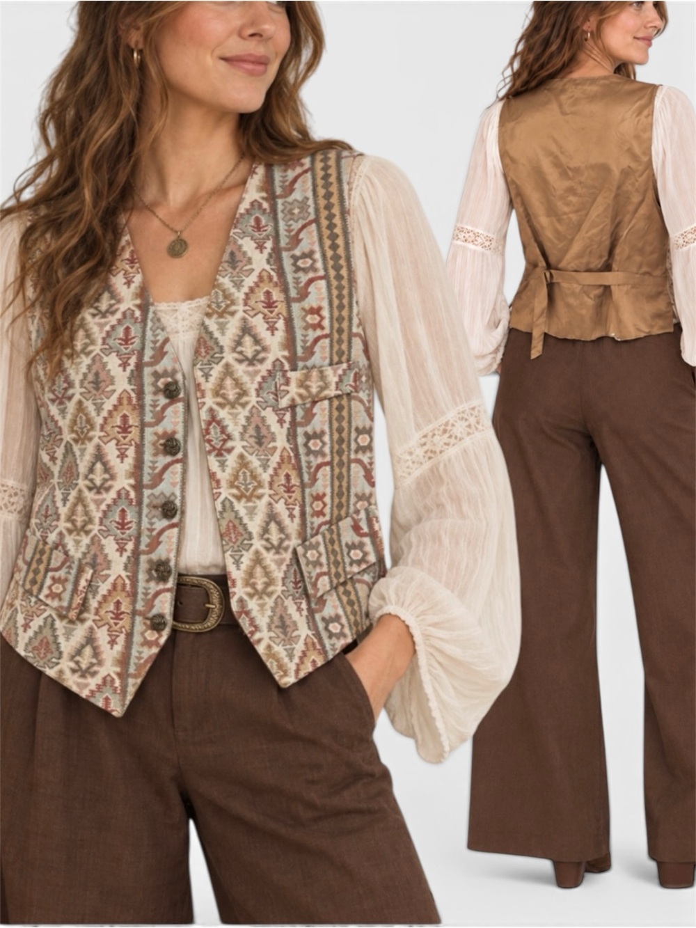 Vintage Geometric Tapestry Vest Woven Indie Boho Festival Earth Tone Waistcoat L